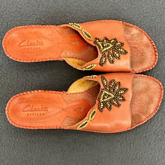 Clarks Artisan Leather Coral Beaded Boho Wedge Slip On  Sandals Women 8.5 - Picture 8 of 11